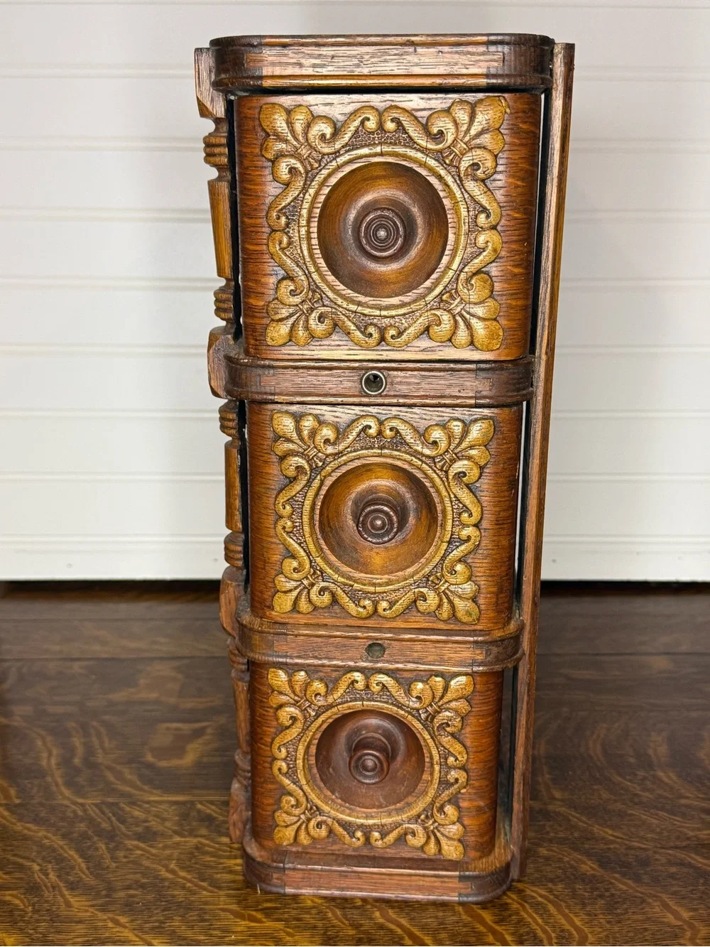 Antique Sewing Machine Drawer Cabinet: Carved Wooden Display Boxes, Ornate